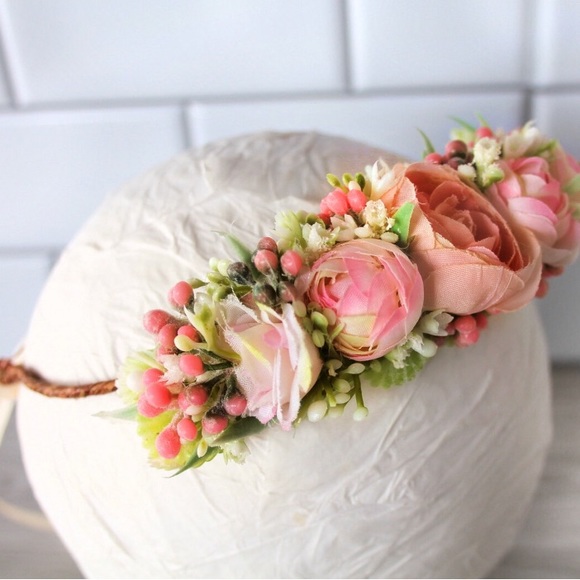 NWT Flower Halo Floral Crown Tie Back Photo Prop Fairy Peach nb 3m 6m 12m #TPPH - Picture 4 of 8
